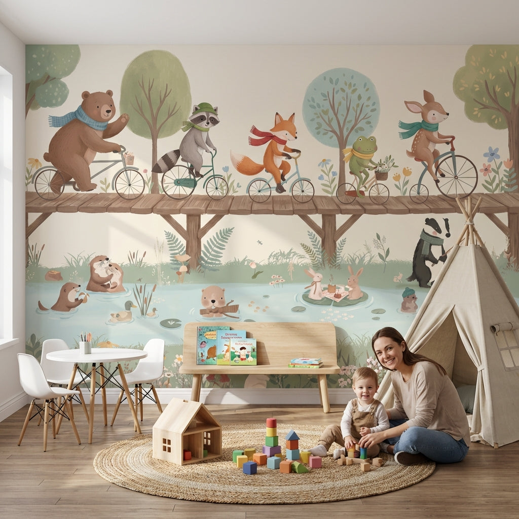Bisikletli Orman Hayvanları Poster Duvar Kağıdı Çocuk Odası