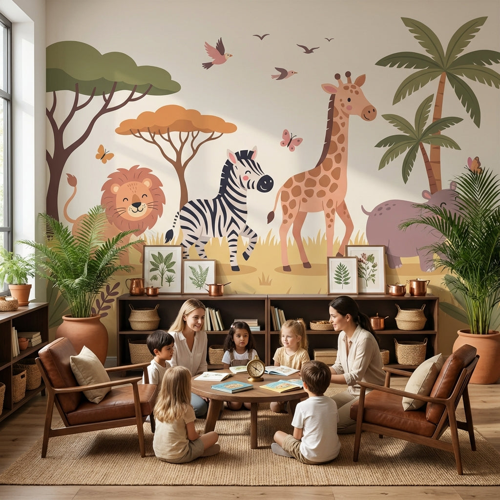 Safari Hayvanlı Poster Duvar Kağıdı Çocuk Odası Bej Tonlar