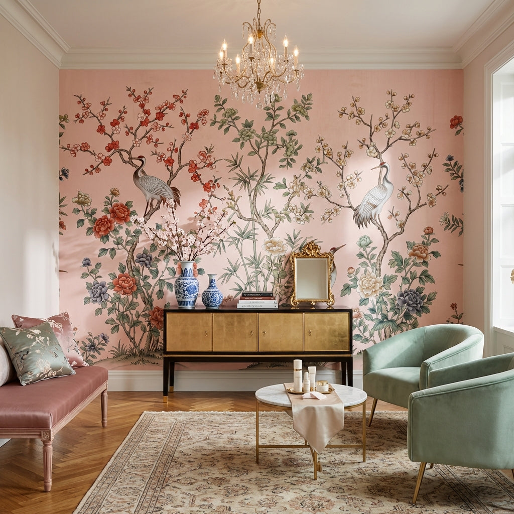Turna Kuşlu Çiçekli Poster Duvar Kağıdı Pudra Pembe Salon