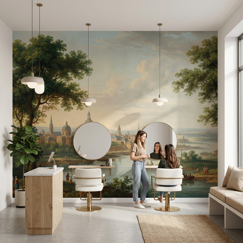 Klasik Şehir Manzaralı Poster Duvar Kağıdı Yeşil Ağaçlı