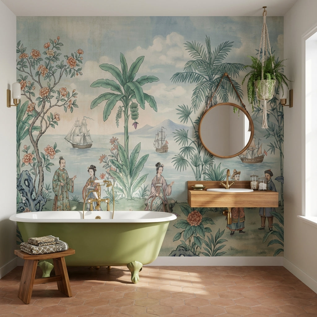 Uzak Doğu Manzaralı Poster Duvar Kağıdı Yeşil Mavi Banyo