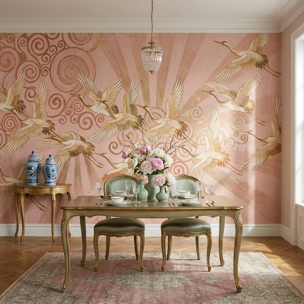 Uçan Turna Kuşlu Poster Duvar Kağıdı Pudra Pembe Salon