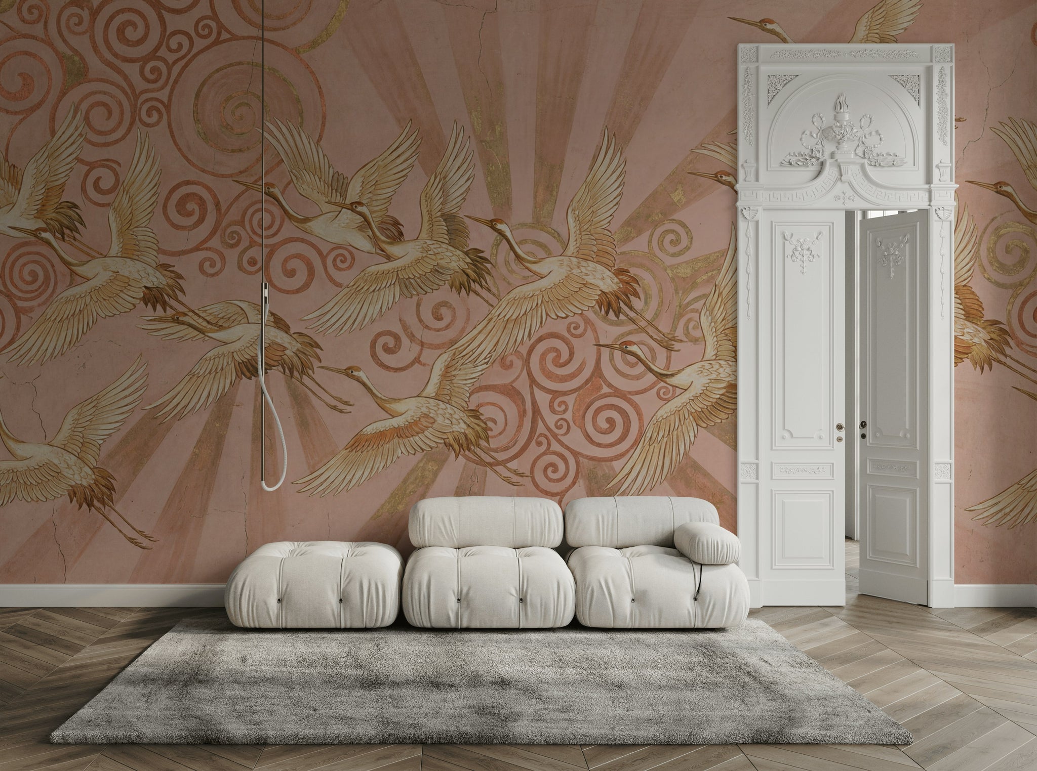 Uçan Turna Kuşlu Poster Duvar Kağıdı Pudra Pembe Salon
