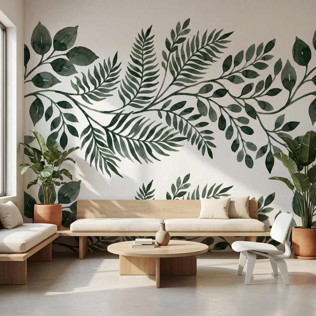 Botanik Yaprak Desenli Poster Duvar Kağıdı Yeşil Salon Duvarı