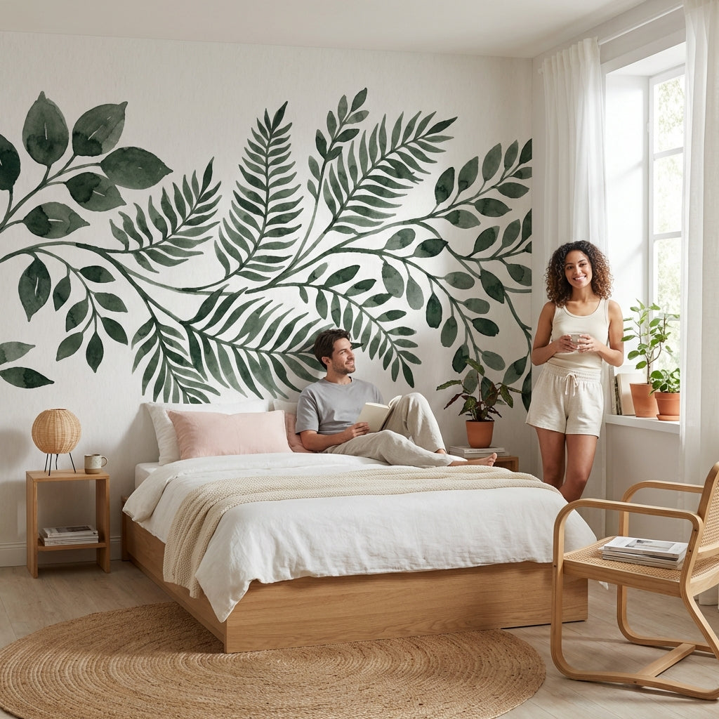 Botanik Yaprak Desenli Poster Duvar Kağıdı Yeşil Salon Duvarı