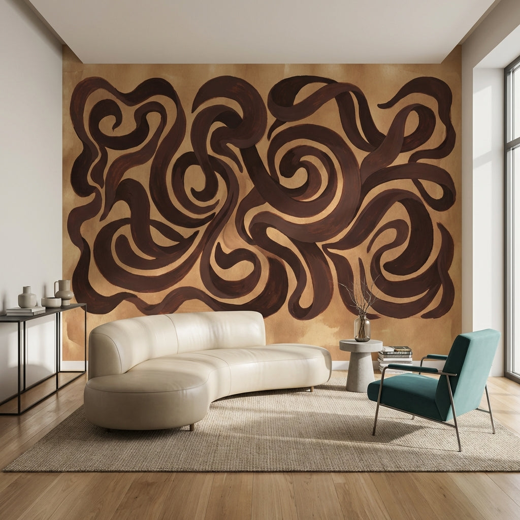 Soyut Kıvrımlı Poster Duvar Kağıdı Kahverengi Bej Salon