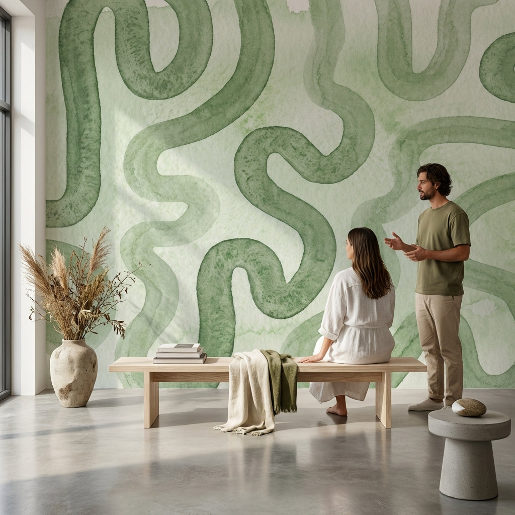 Soyut Kıvrımlı Poster Duvar Kağıdı Yeşil Modern Salon