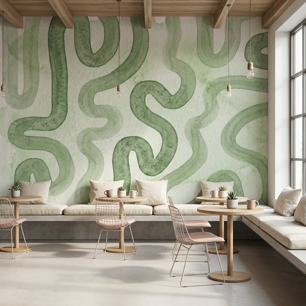Soyut Kıvrımlı Poster Duvar Kağıdı Yeşil Modern Salon
