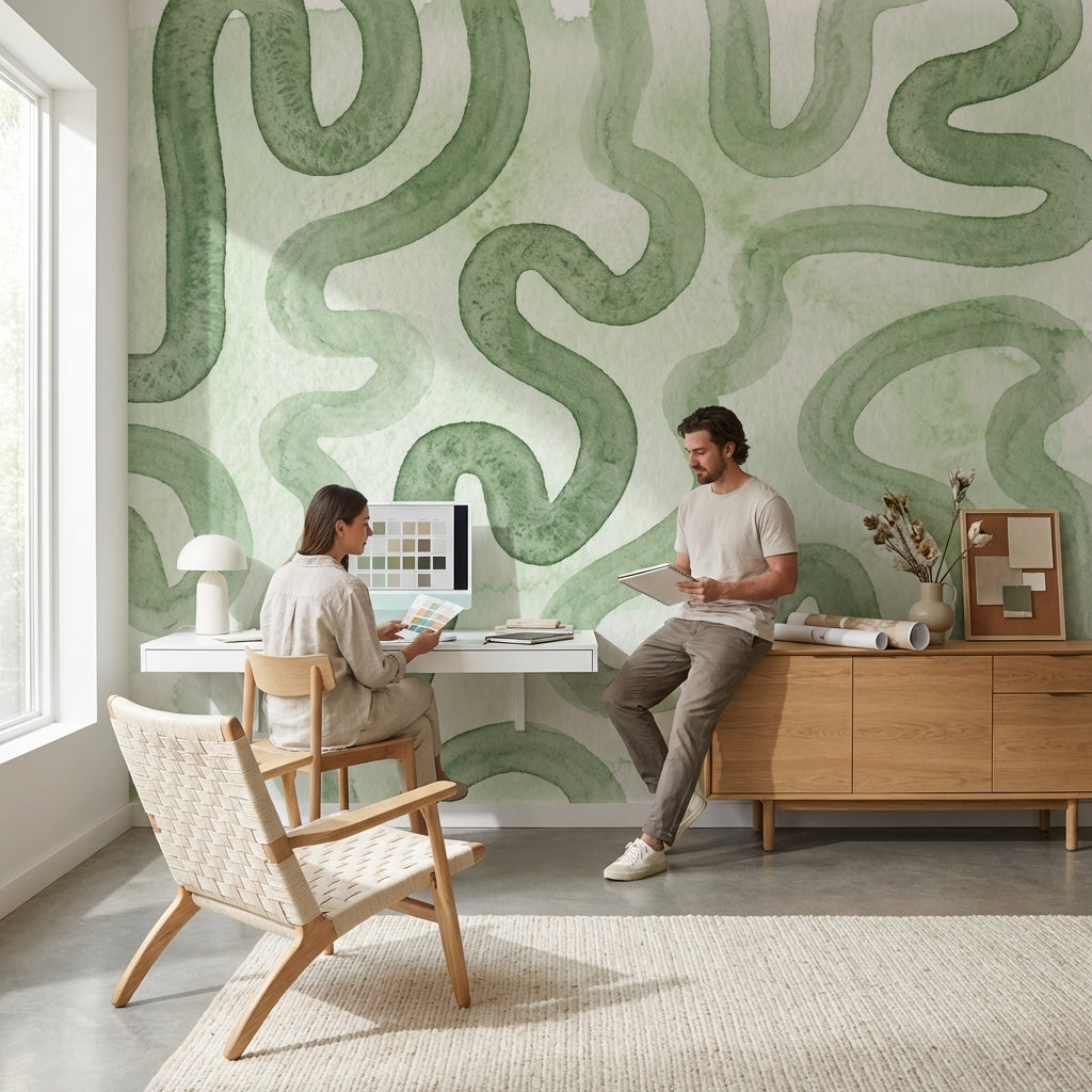 Soyut Kıvrımlı Poster Duvar Kağıdı Yeşil Modern Salon