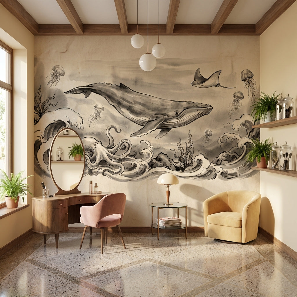 Deniz Canlıları Çizimli Poster Duvar Kağıdı Gri Salon Duvarı