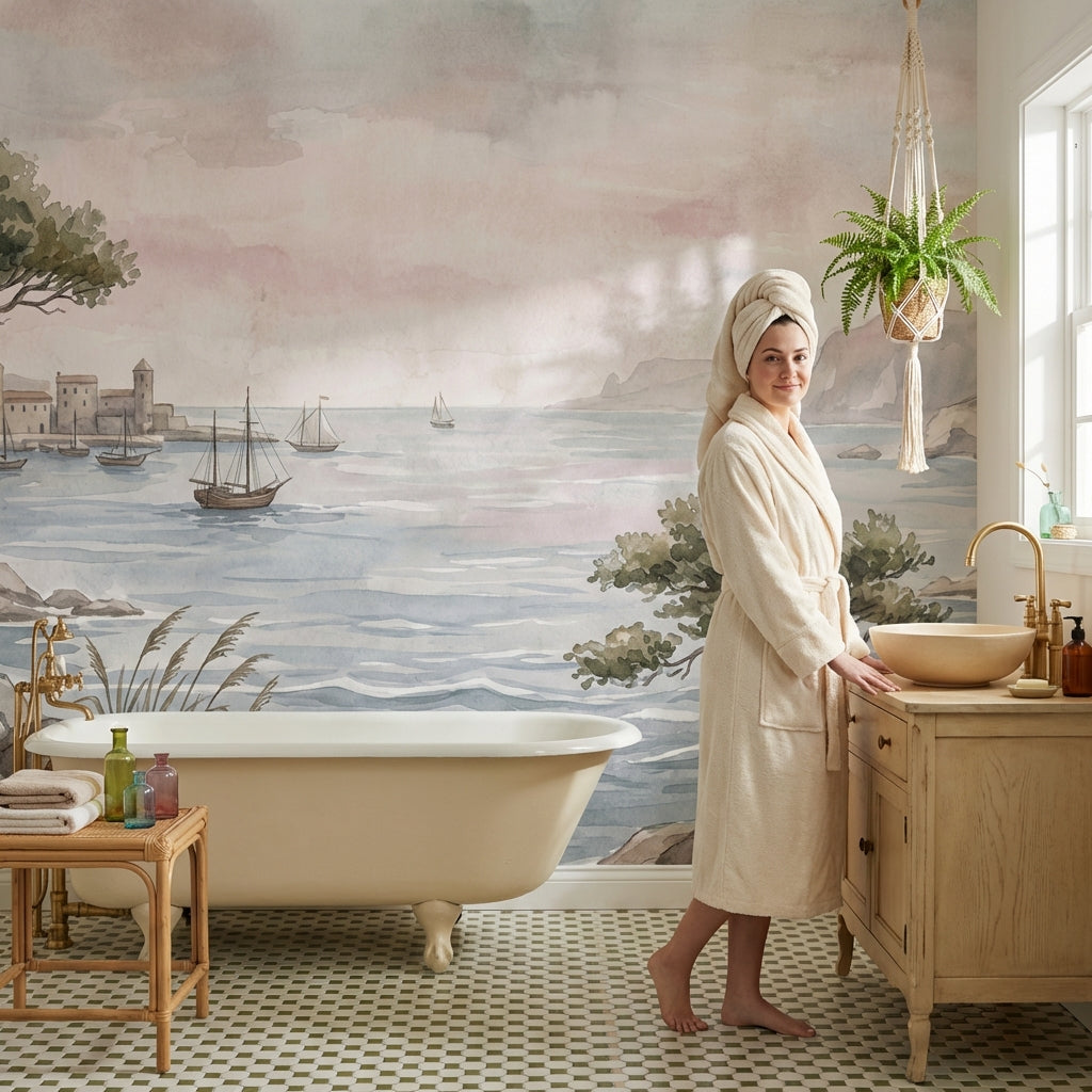 Sulu Boya Sahil Manzaralı Poster Duvar Kağıdı Pastel Salon
