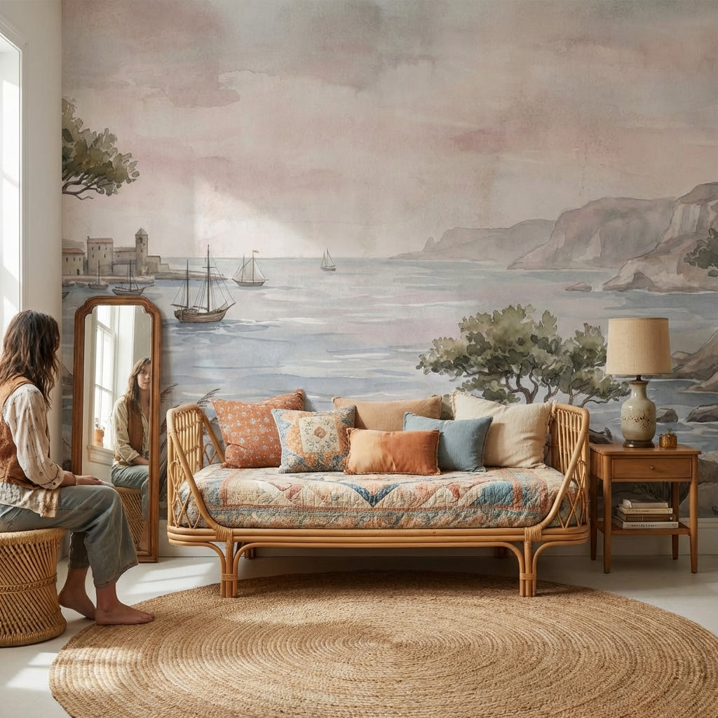 Sulu Boya Sahil Manzaralı Poster Duvar Kağıdı Pastel Salon