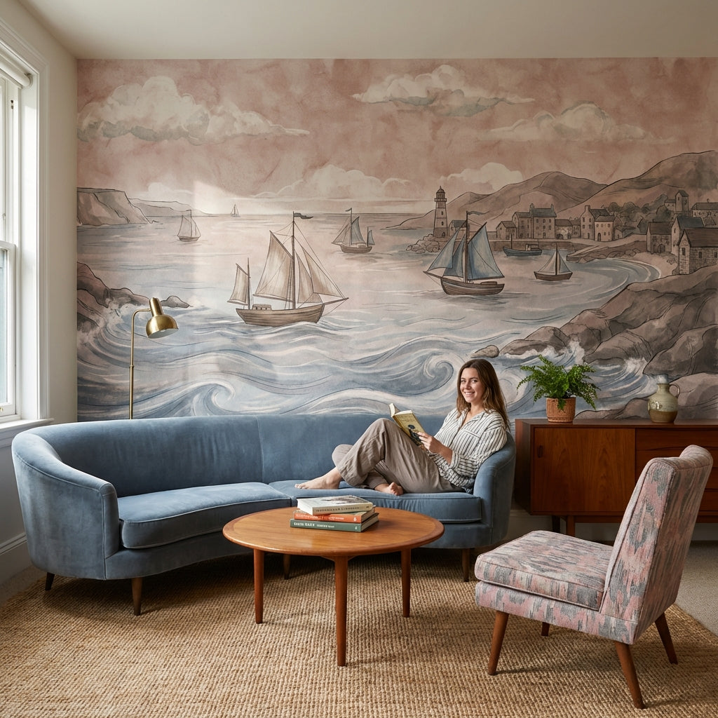Yelkenli Deniz Manzaralı Poster Duvar Kağıdı Pastel Salon Dekoru