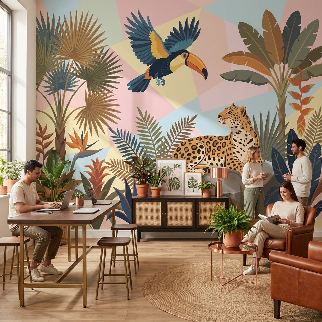 Tropikal Safari Hayvanlı Poster Duvar Kağıdı Renkli Salon Dekoru