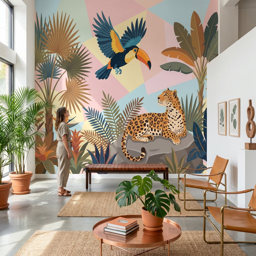 Tropikal Safari Hayvanlı Poster Duvar Kağıdı Renkli Salon Dekoru