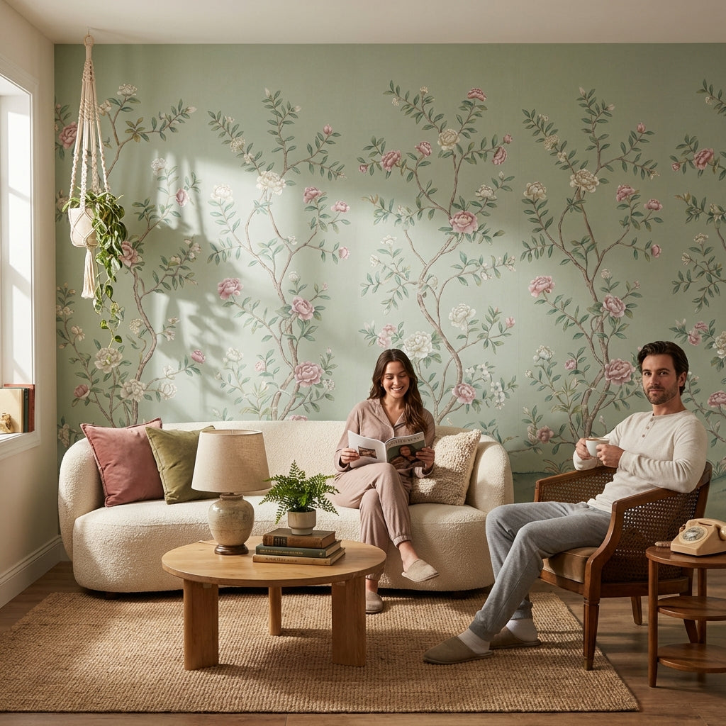 Romantik Çiçek Dallı Poster Duvar Kağıdı Adaçayı Yeşili Banyo