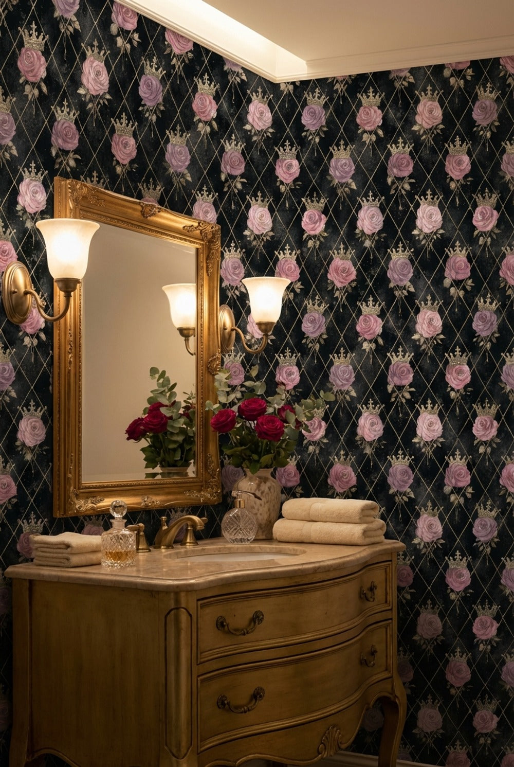 Taçlı Gül Desenli Duvar Kağıdı Siyah Retro Salon