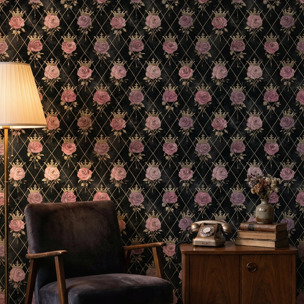 Taçlı Gül Desenli Duvar Kağıdı Siyah Retro Salon