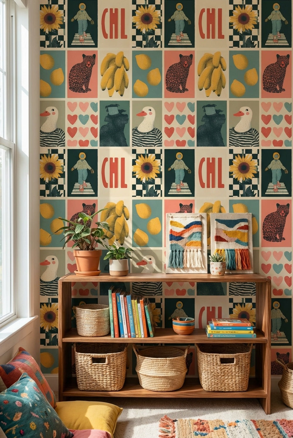 Retro Pop Art Kolaj Desenli Duvar Kağıdı Renkli Çalışma Odası