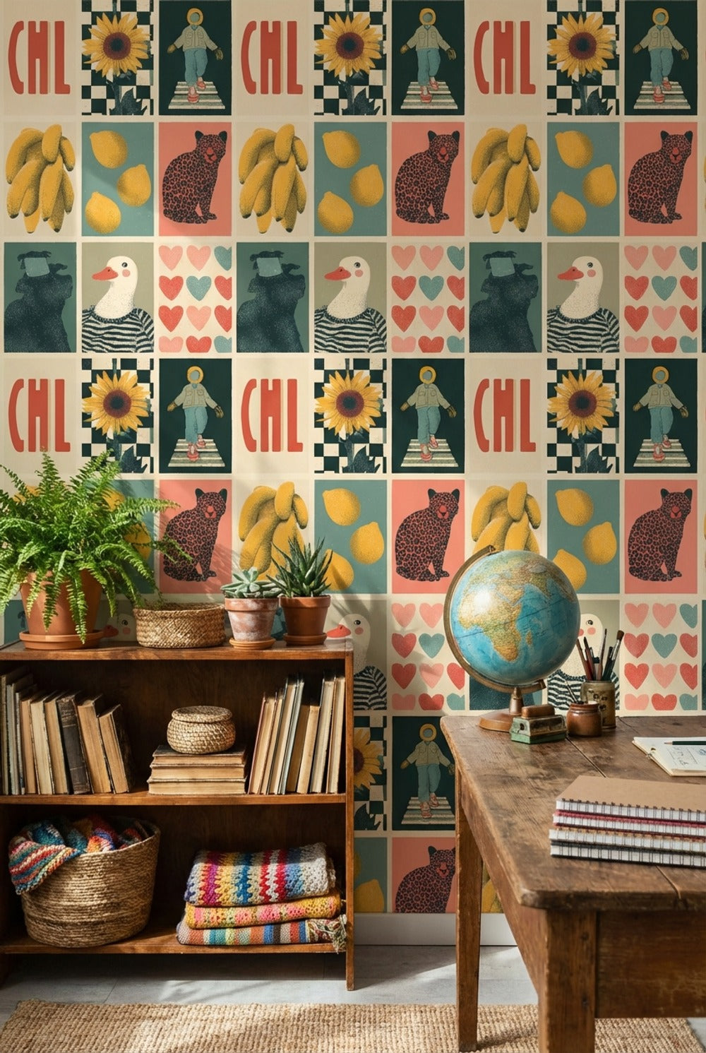 Retro Pop Art Kolaj Desenli Duvar Kağıdı Renkli Çalışma Odası
