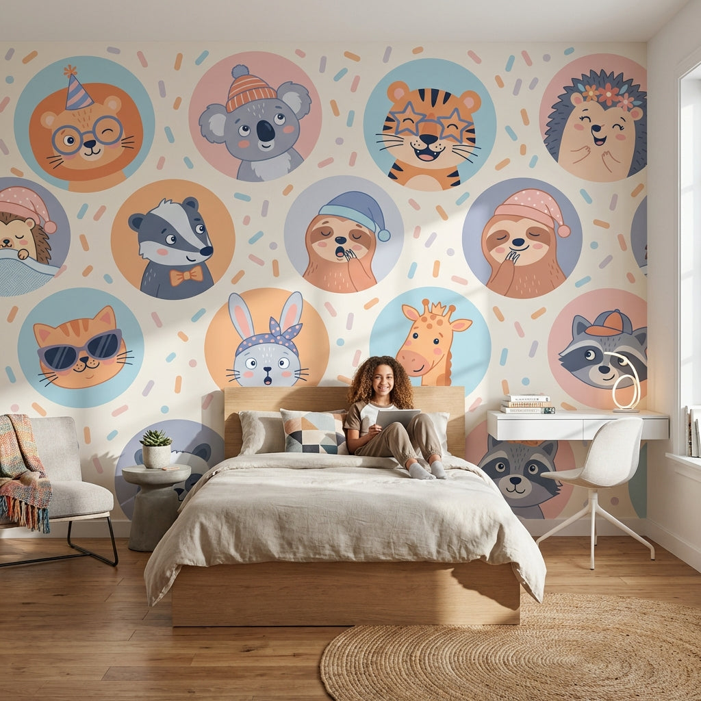 Sevimli Hayvan Yüzlü Poster Duvar Kağıdı Pastel Çocuk Odası