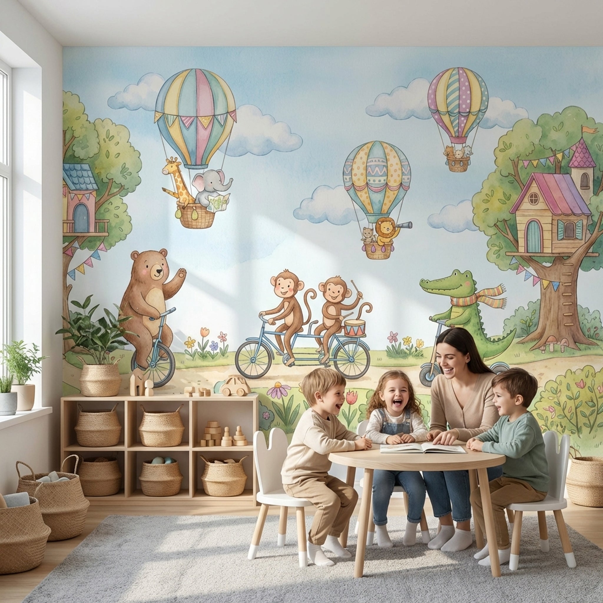 Balonlu Hayvanlar Poster Duvar Kağıdı Pastel Mavi Çocuk Odası