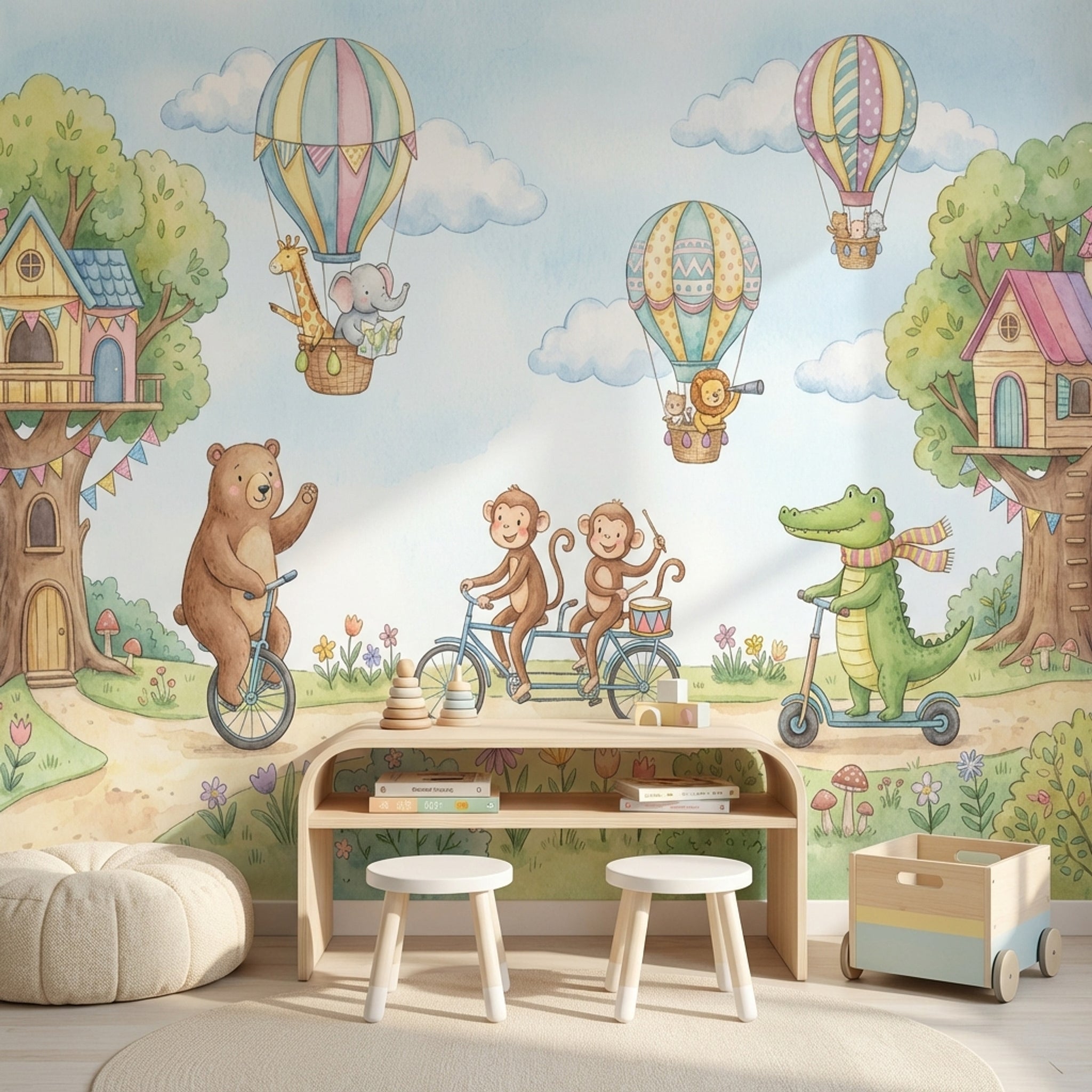 Balonlu Hayvanlar Poster Duvar Kağıdı Pastel Mavi Çocuk Odası
