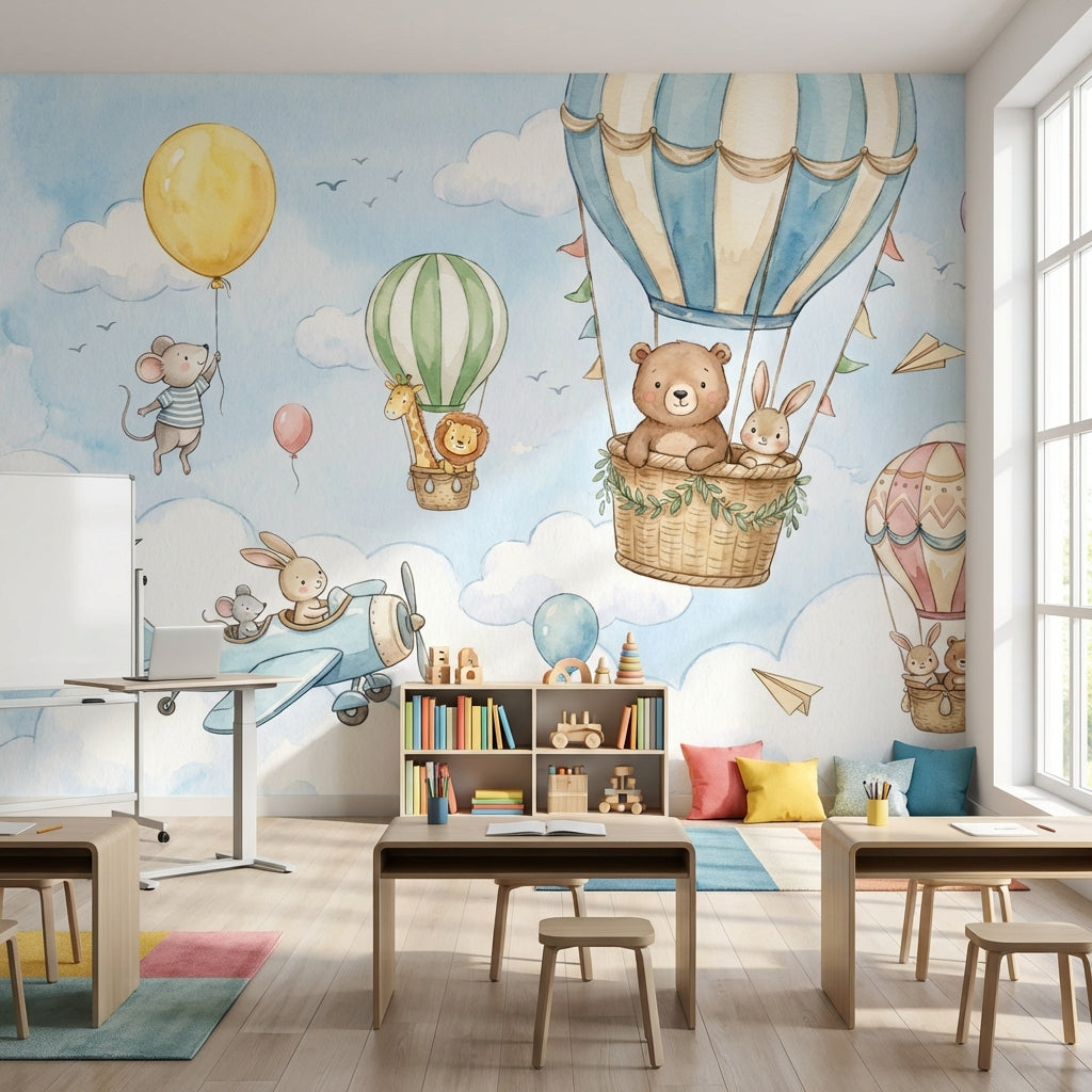 Balonlu Hayvanlar Poster Duvar Kağıdı Pastel Mavi Çocuk Odası