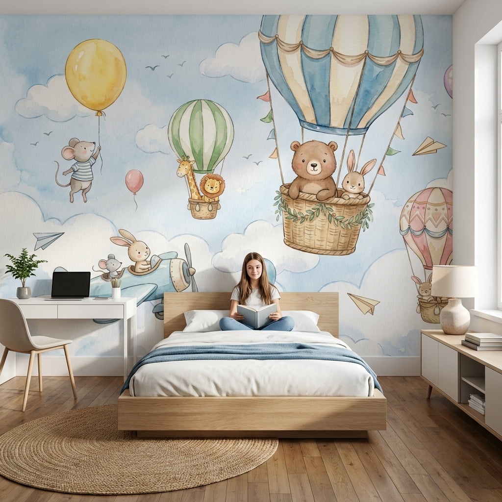 Balonlu Hayvanlar Poster Duvar Kağıdı Pastel Mavi Çocuk Odası
