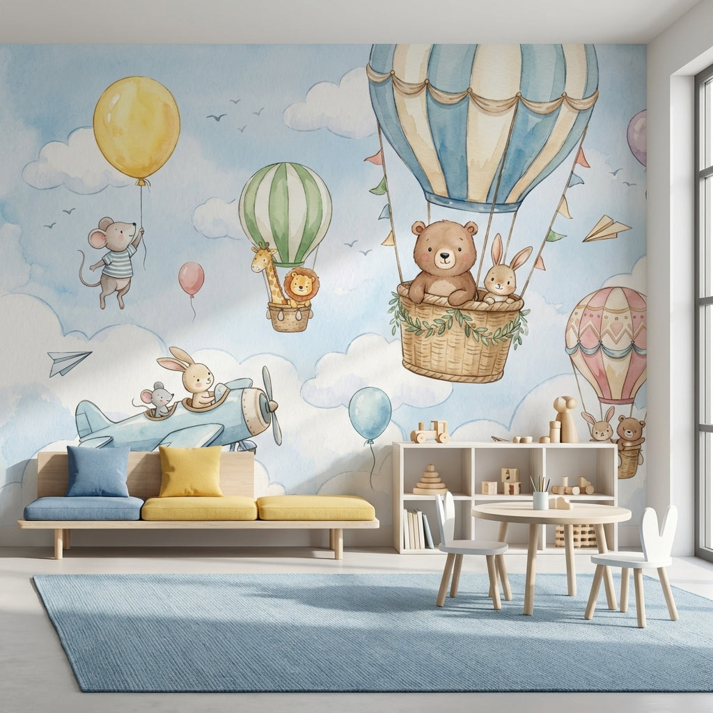 Balonlu Hayvanlar Poster Duvar Kağıdı Pastel Mavi Çocuk Odası