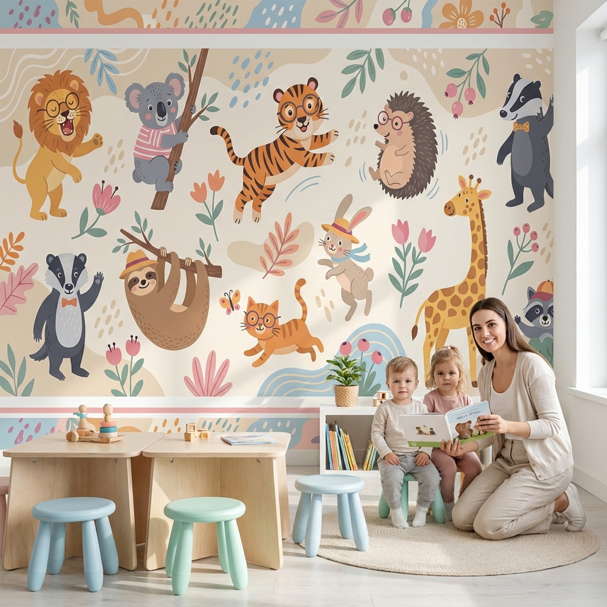 Sevimli Orman Hayvanlı Poster Duvar Kağıdı Pastel Çocuk Odası