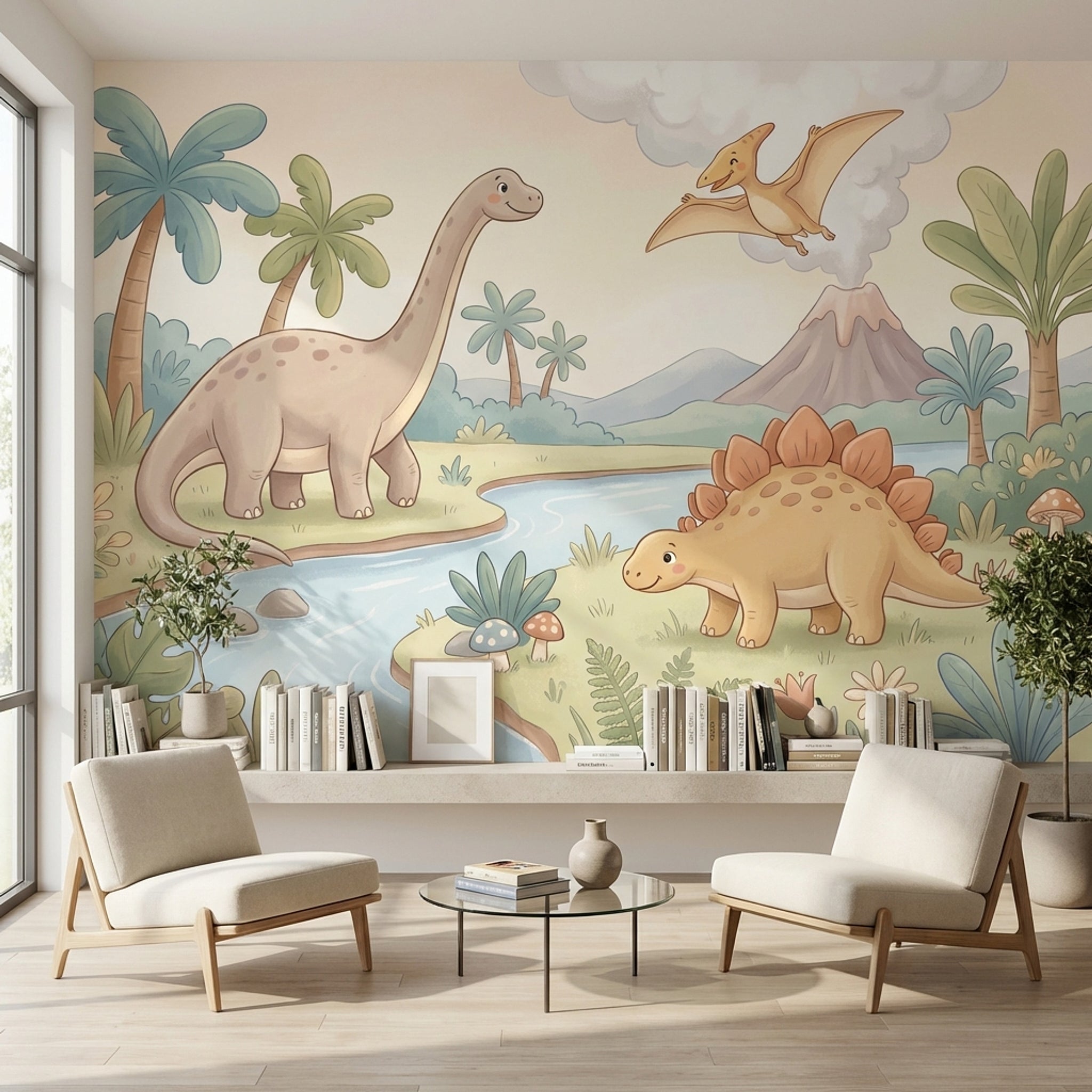 Dinozor Ormanı Poster Duvar Kağıdı Pastel Yeşil Çocuk Odası