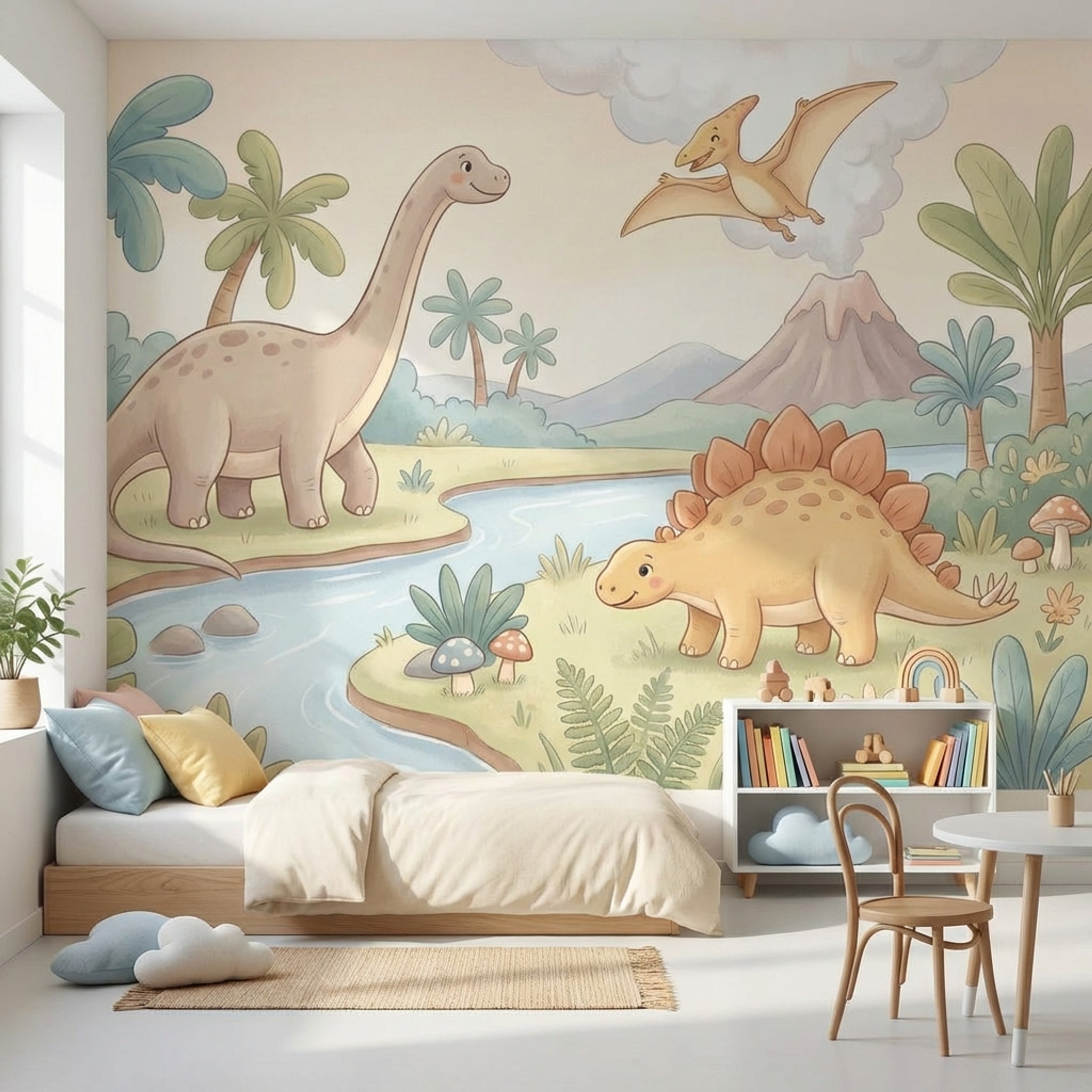 Dinozor Ormanı Poster Duvar Kağıdı Pastel Yeşil Çocuk Odası