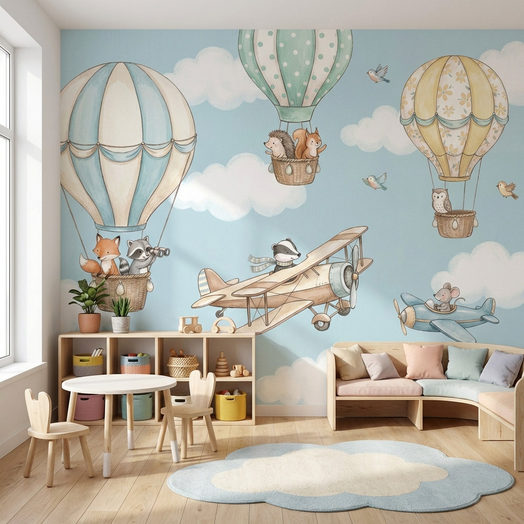 Uçan Balonlu Hayvanlı Poster Duvar Kağıdı Mavi Çocuk Odası