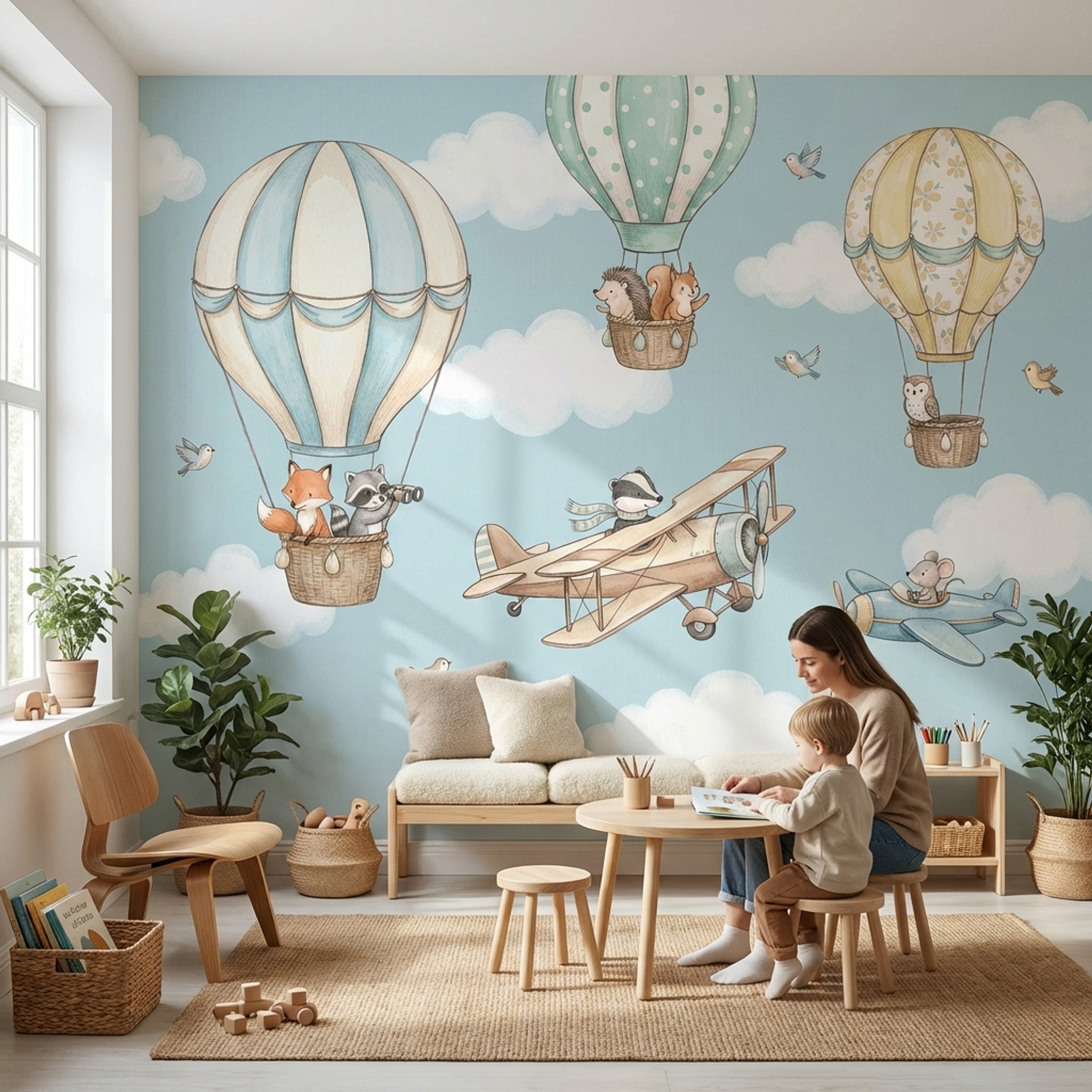 Uçan Balonlu Hayvanlı Poster Duvar Kağıdı Mavi Çocuk Odası