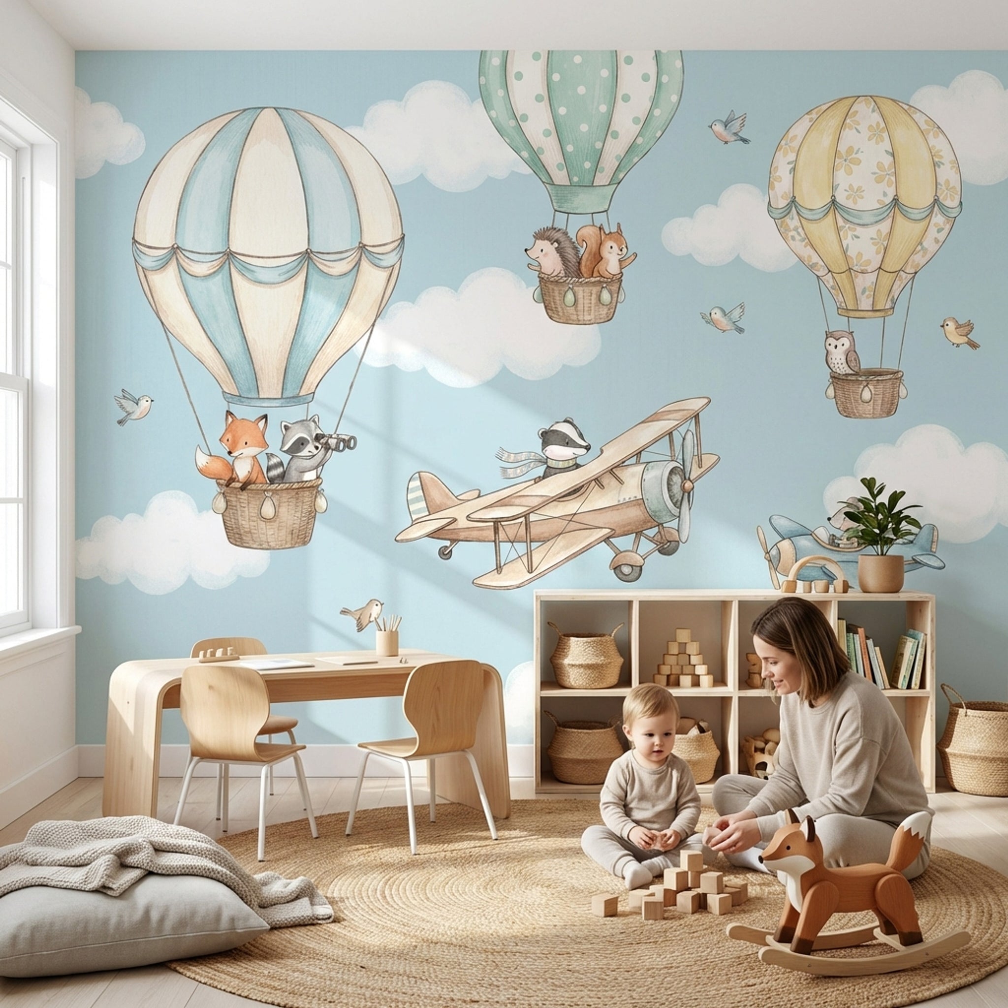 Uçan Balonlu Hayvanlı Poster Duvar Kağıdı Mavi Çocuk Odası