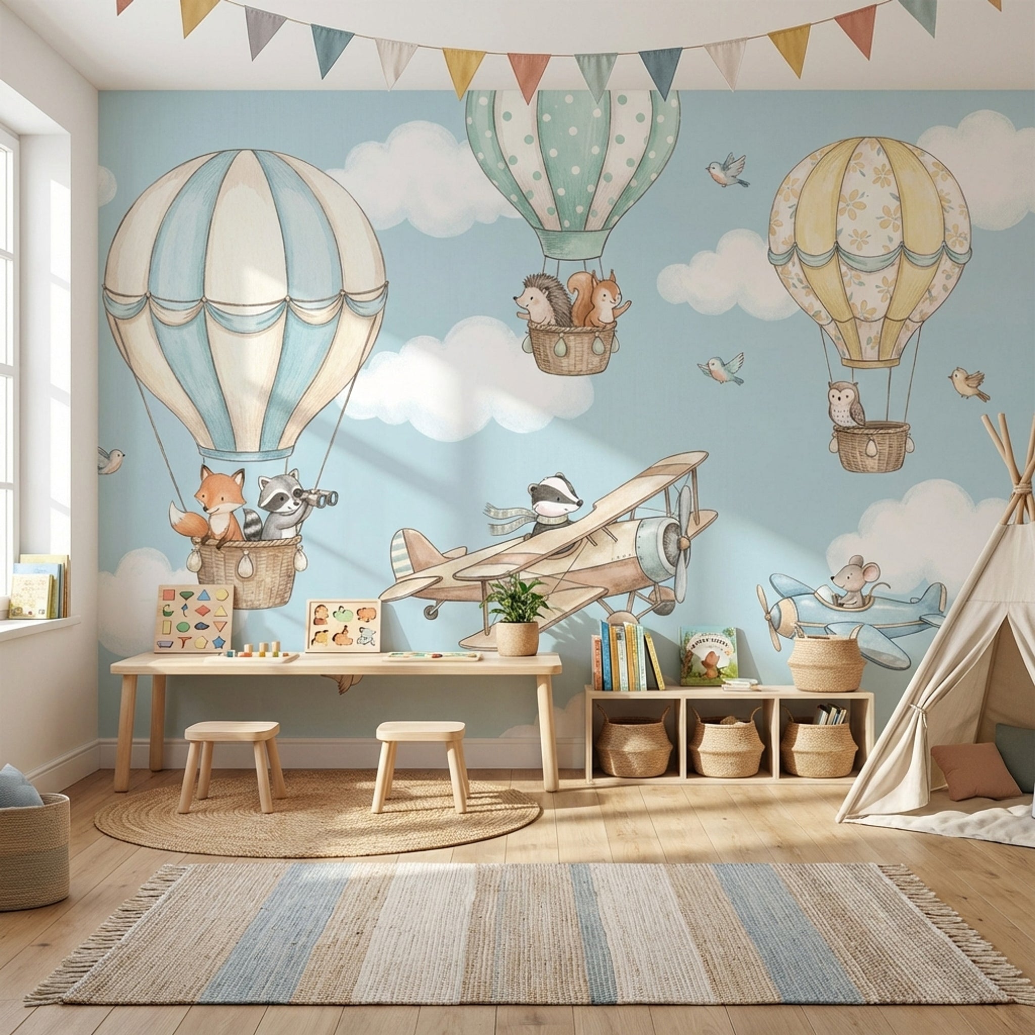 Uçan Balonlu Hayvanlı Poster Duvar Kağıdı Mavi Çocuk Odası