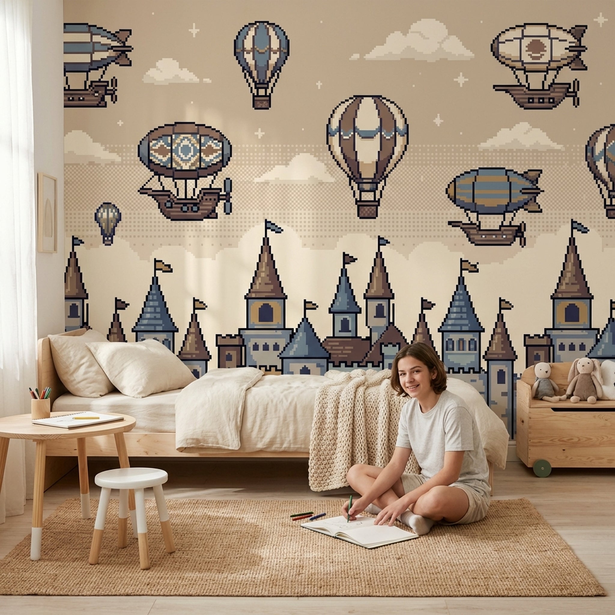 Balon ve Kale Desenli Poster Duvar Kağıdı Çocuk Odası Bej