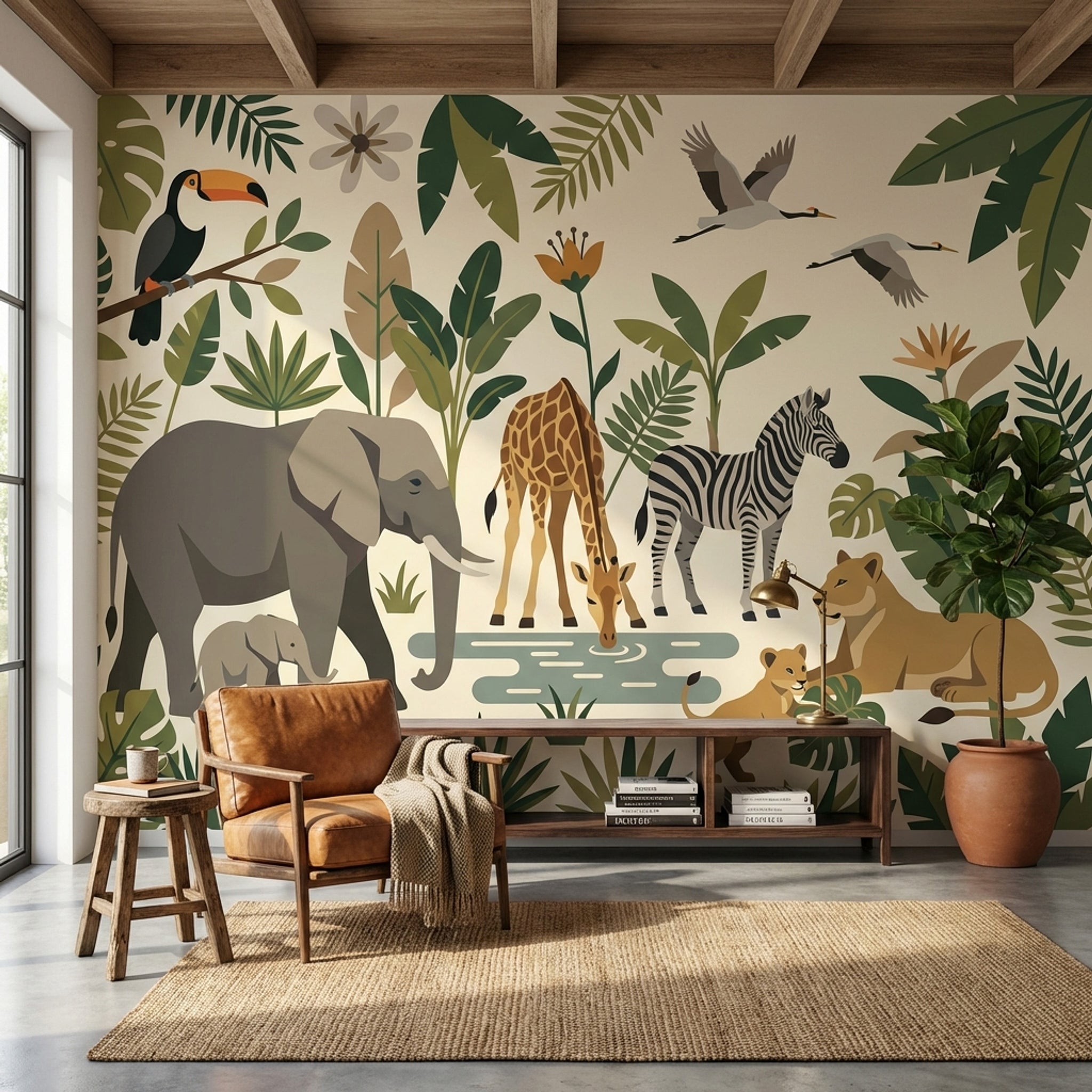 Safari Hayvanlı Poster Duvar Kağıdı Yeşil Bej Tropik Desenli