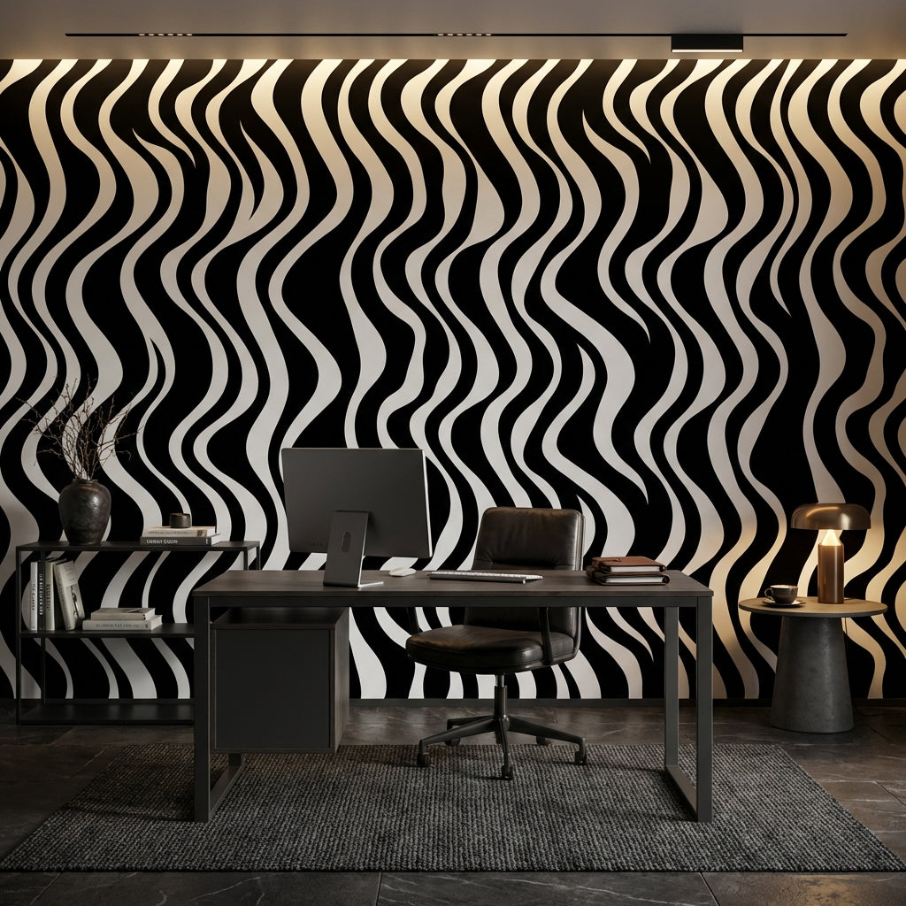 Siyah Beyaz Dalgalı Çizgili Poster Duvar Kağıdı Modern Salon