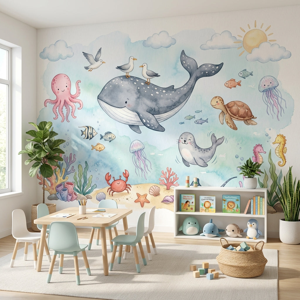 Deniz Hayvanları Poster Duvar Kağıdı Pastel Çocuk Odası Desenli