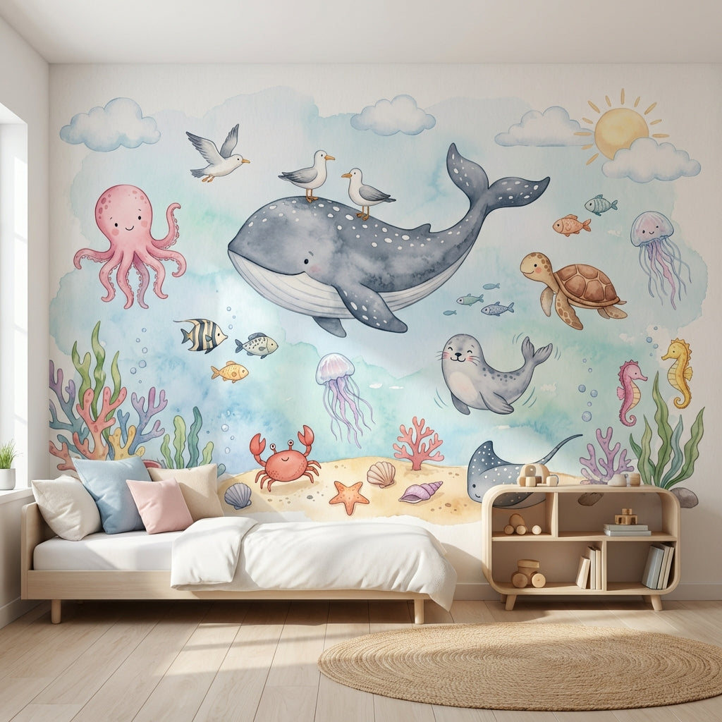 Deniz Hayvanları Poster Duvar Kağıdı Pastel Çocuk Odası Desenli