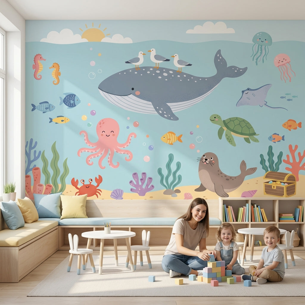 Deniz Hayvanları Poster Duvar Kağıdı Mavi Bebek Odası Çizimli