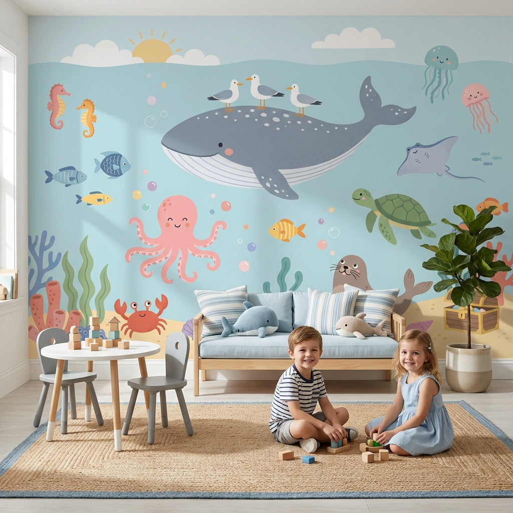 Deniz Hayvanları Poster Duvar Kağıdı Mavi Bebek Odası Çizimli