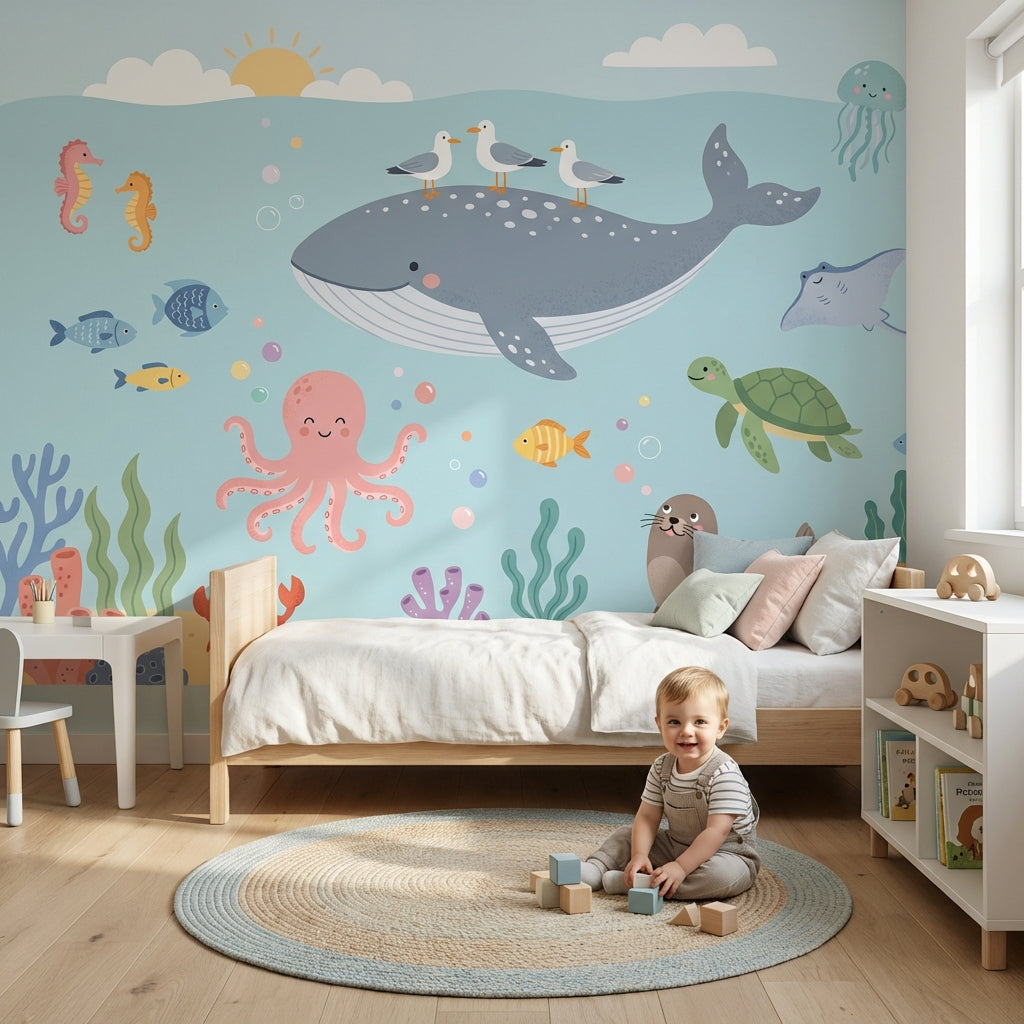 Deniz Hayvanları Poster Duvar Kağıdı Mavi Bebek Odası Çizimli