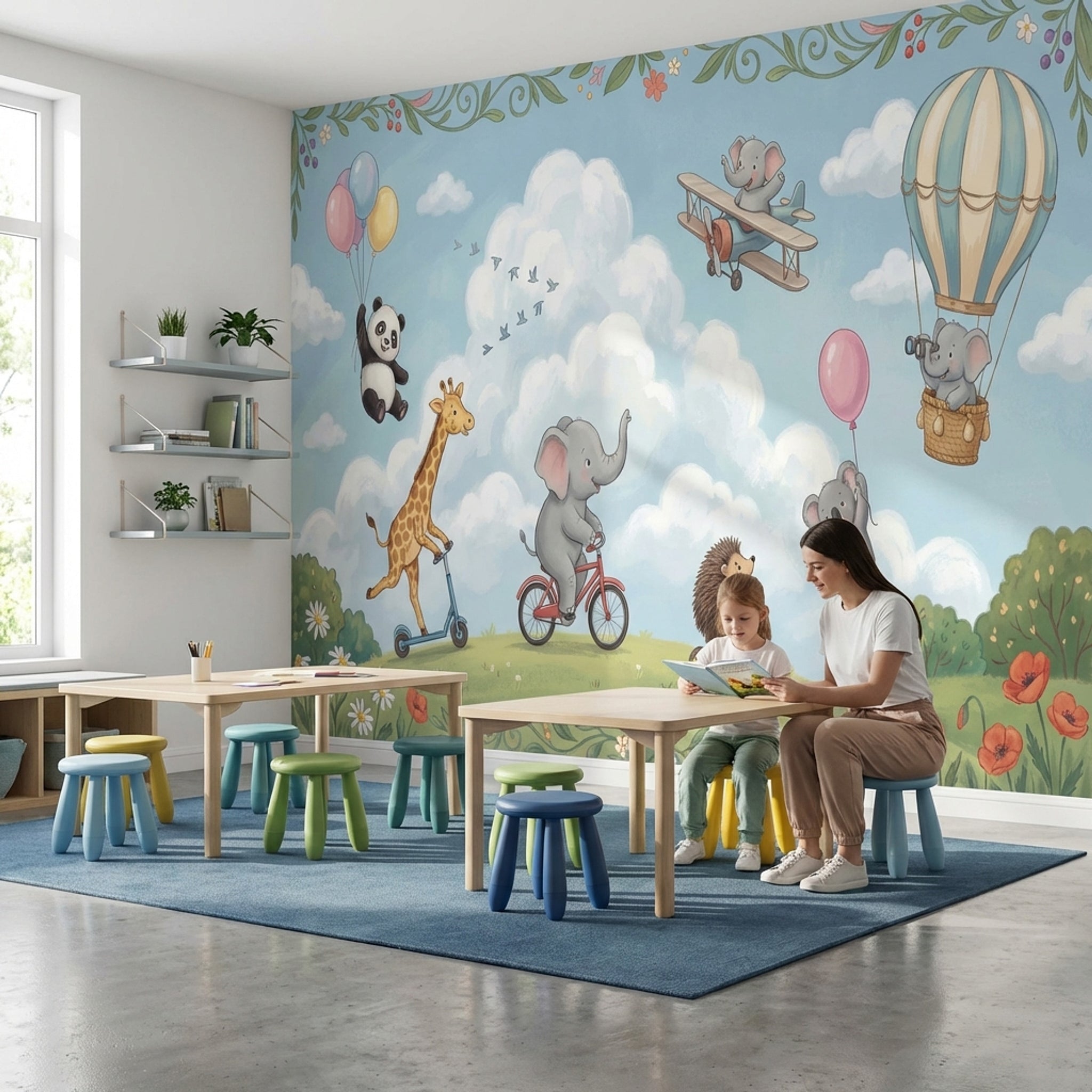 Bulutlu Gökyüzü Hayvanlı Poster Duvar Kağıdı Bebek Odası