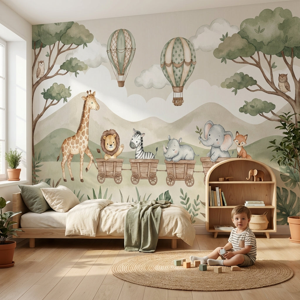 Safari Hayvanlı Poster Duvar Kağıdı Pastel Yeşil Çocuk Odası