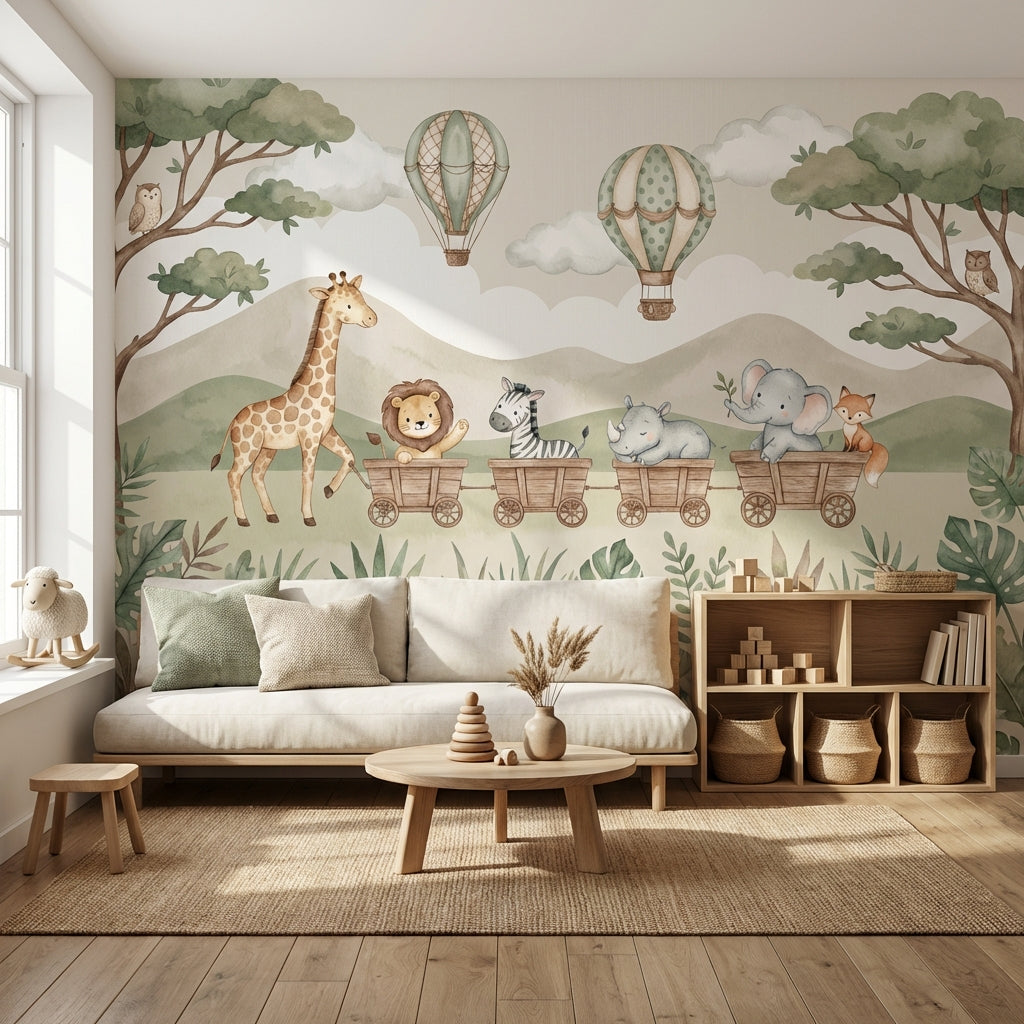 Safari Hayvanlı Poster Duvar Kağıdı Pastel Yeşil Çocuk Odası