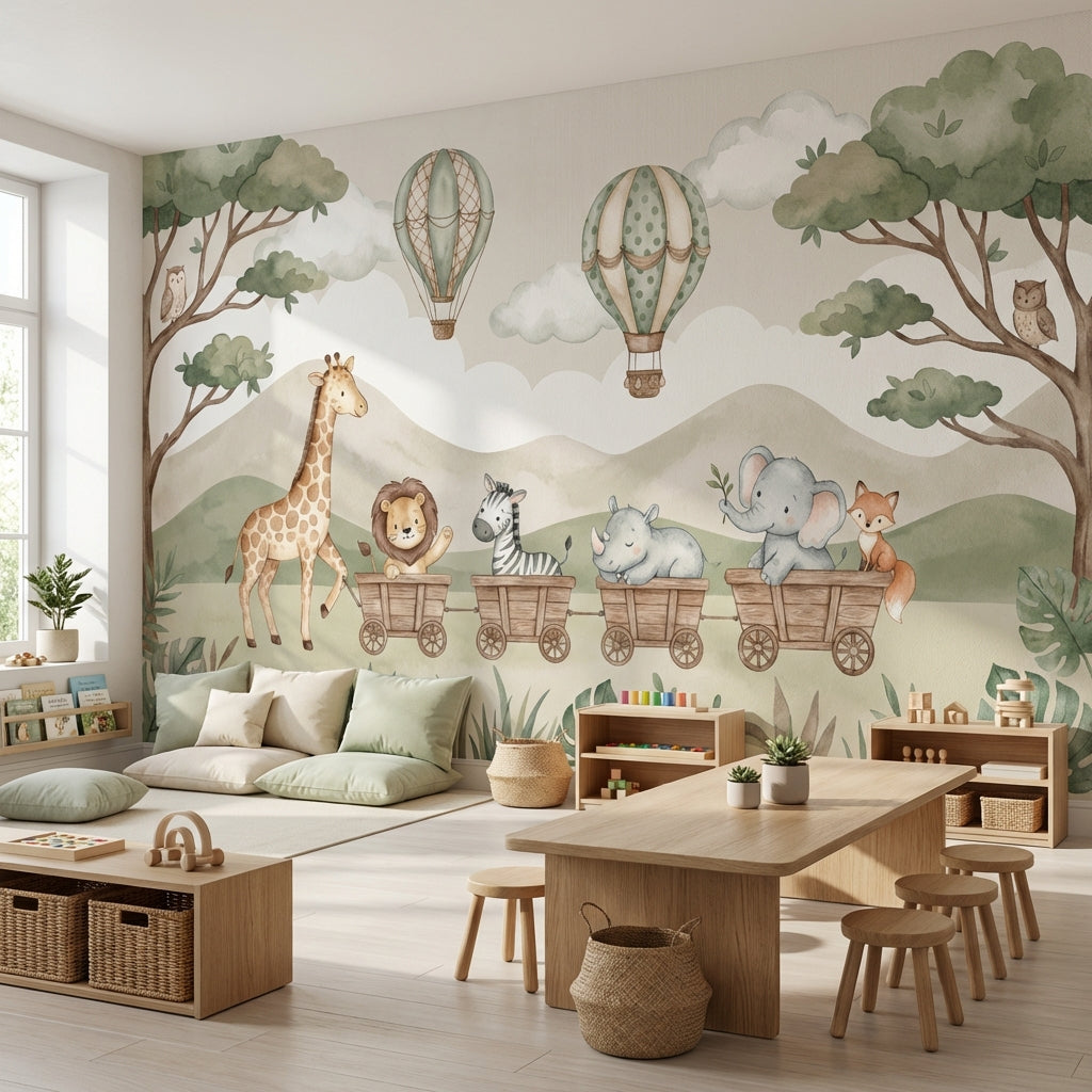Safari Hayvanlı Poster Duvar Kağıdı Pastel Yeşil Çocuk Odası