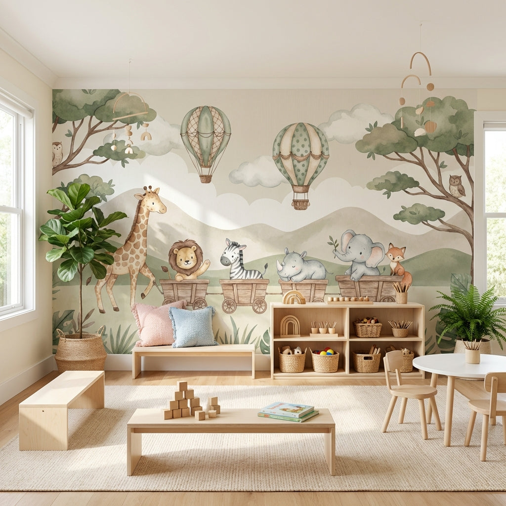Safari Hayvanlı Poster Duvar Kağıdı Pastel Yeşil Çocuk Odası